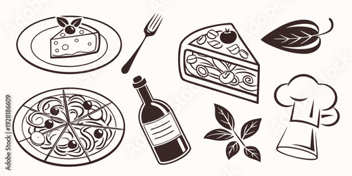 Assorted food items including pizza, sandwich, and various snacks on a table Vector