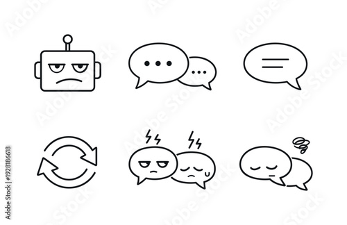 Line style vector icons of AI conversational cynicism: robot-face icon, speech-bubble motif, brief-response symbol, dialogue-loop