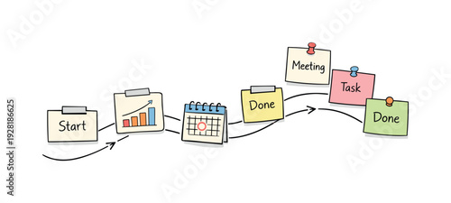 Milestone roadmap path, notebook strips as checkpoints, mini chart and calendar icons, pinned sticky notes for Internship