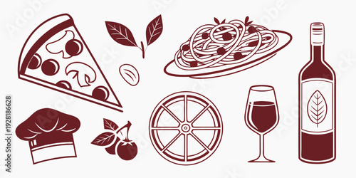 Assorted italian delicacies and wine on a rustic wooden table. Vector