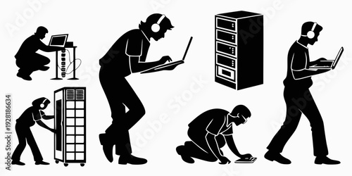 A series of illustrations depicting the stages of a person's journey through work and technology Vector