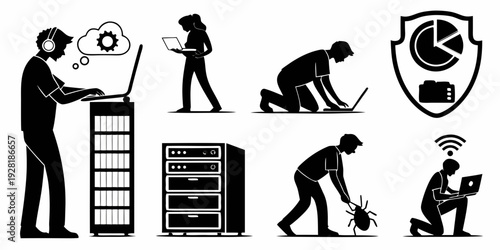 Illustration depicting various aspects of cybersecurity and data protection Vector