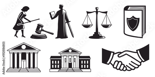 Diverse symbols representing law, justice, and business concepts Vector