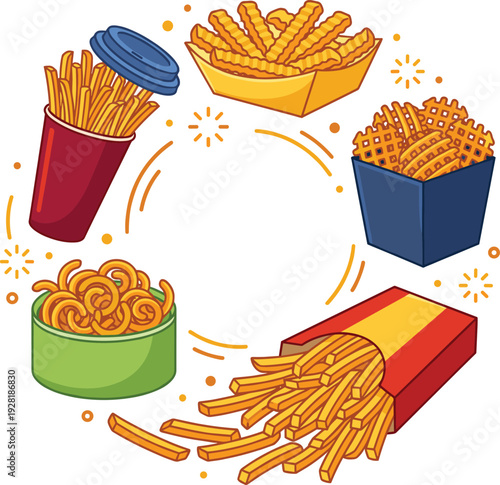 French fries fast food set with takeaway box cup waffle fries and curly fries snack collection for restaurant menu and street food design.