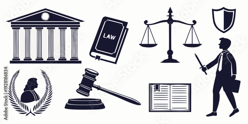 Diverse symbols representing various aspects of the legal system and justice Vector
