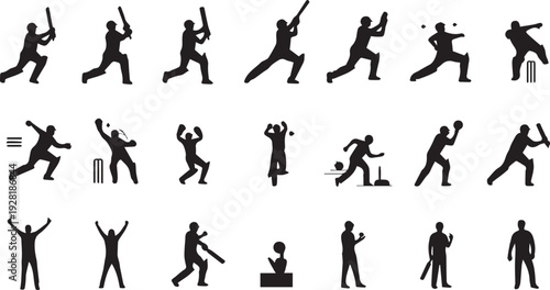Cricket Player Action Silhouettes Icon Set - Professional Gameplay Poses, Batting, Bowling, and Fielding Symbols