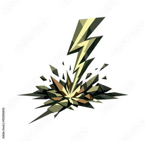 Low-poly vector illustration of a lightning strike split under peak tension, bolt colliding with the surface as compressed