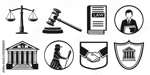 Symbols of law and justice depicted in various icons and illustrations Vector