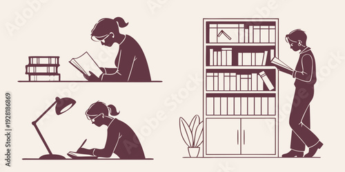 A person reading a book, a person studying with a laptop, and a person organizing a bookshelf Vector