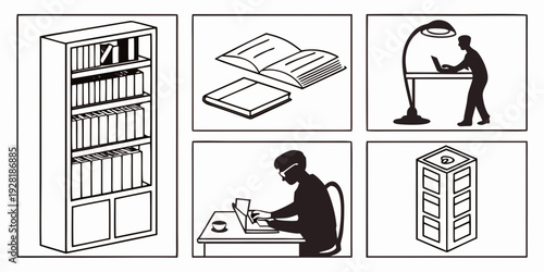 A person studying and organizing books in a library setting with various books and shelves. Vector