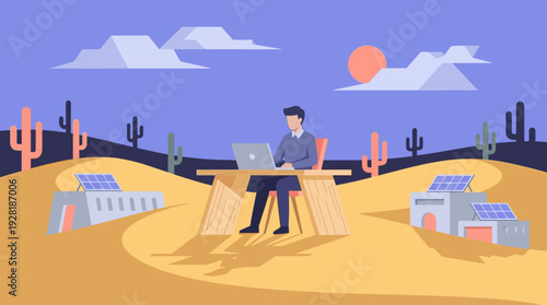Vector illustration: man working remotely on laptop in warm desert, 'work from anywhere' concept.