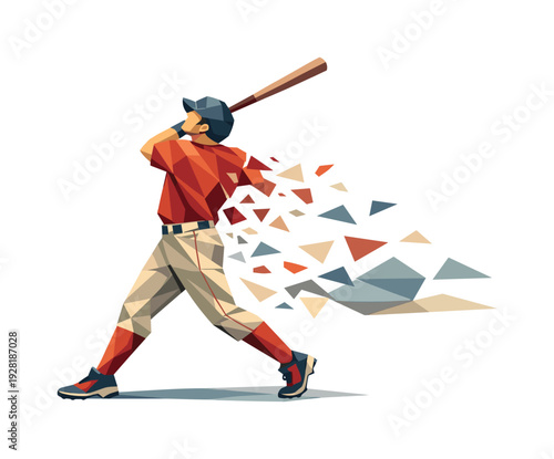 Low-poly vector illustration of a baseball batter completing the follow-through after the hit, balanced angular stance with bat