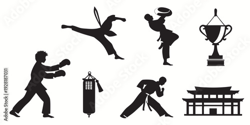 A collection of martial arts icons featuring various poses and a trophy Vector