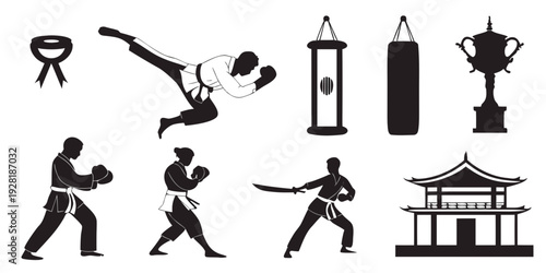 Diverse icons depicting martial arts, sports, and architecture Vector