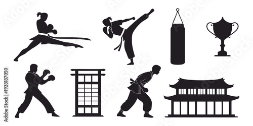 Martial arts and sports equipment depicted in black and white icons. Vector