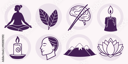 A collection of various purple-themed icons and symbols. Vector