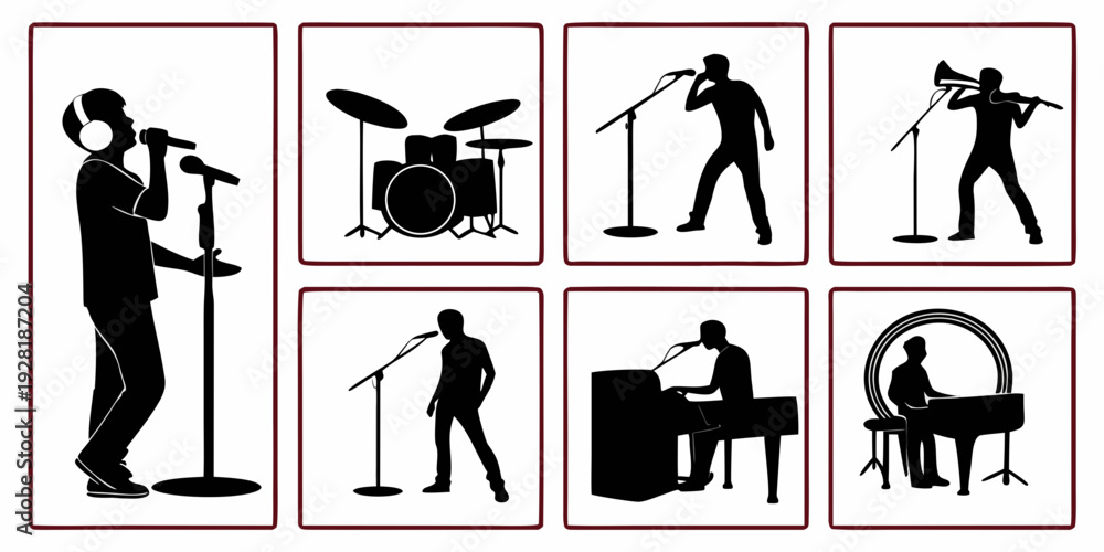 Fototapeta premium Illustrations of people engaged in various musical activities and playing different instruments Vector