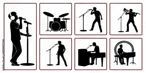 Illustrations of people engaged in various musical activities and playing different instruments Vector