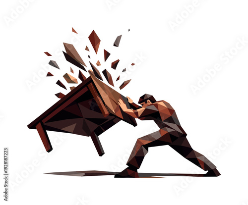 Dynamic Table Flip. Low-poly vector illustration of a negotiation table being flipped, clear heroic depiction of conflict and