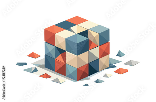 Low-poly vector illustration of the aftermath after a data cube shatter, fragments settling into a new organized geometric