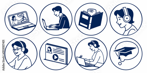 A variety of animals depicted in simple, circular line drawings. Vector