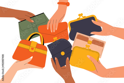 A hand holding a colorful purse in a sharing illustration