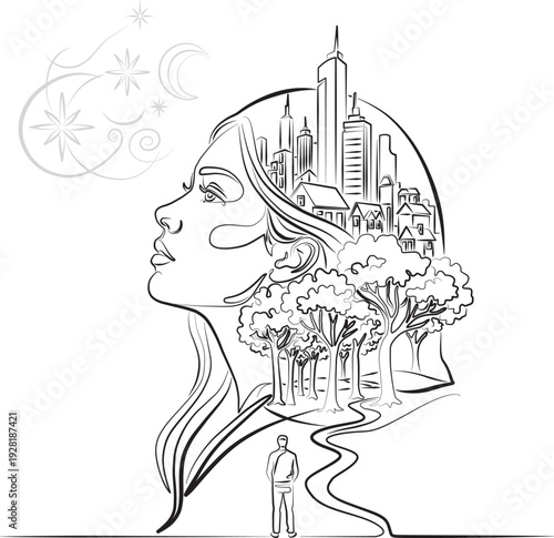 The face of a beautiful girl in profile, a man looks at a woman who contains the whole world, line art