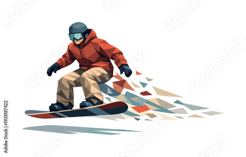 Low-poly vector illustration of a snowboarder descending smoothly after the aerial trick, confident forward-facing angular