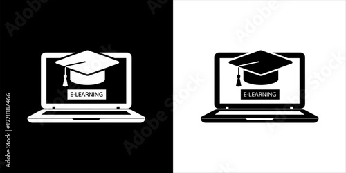 Laptop icon with graduation cap representing e-learning and online education
