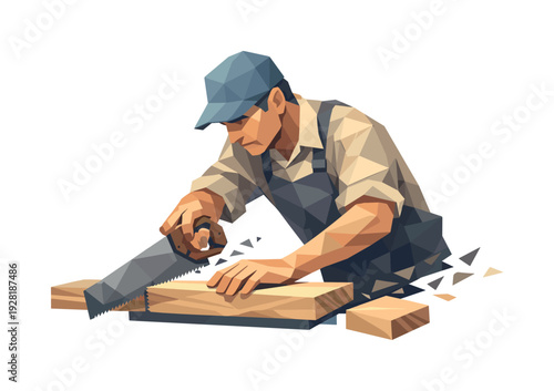 Precision Carpenter's Finish. Low-poly vector illustration of a carpenter finishing the saw cut in controlled follow-through, saw