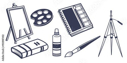 A collection of art supplies including paints, brushes, and drawing tools Vector