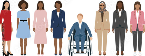 Diverse Professional Women Including Wheelchair User Illustration Representing Inclusion, Equality, Multicultural Workforce and Modern Business Diversity Concept