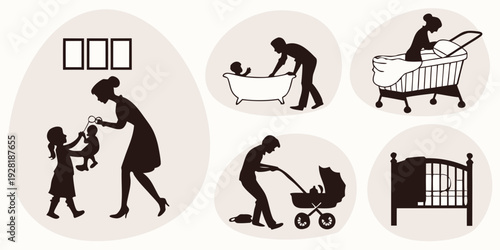 Illustration depicting various activities of a woman with a baby Vector