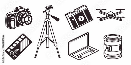 A collection of various electronic devices and equipment for photography and videography Vector
