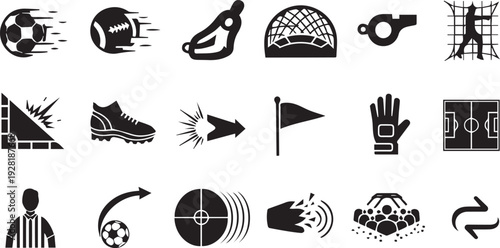 Soccer and Football Match Essentials Icon Set - Professional Silhouette Symbols for Tournament Tactics, Refereeing, and Stadium Action