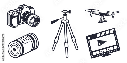A variety of photography and filming equipment displayed together Vector