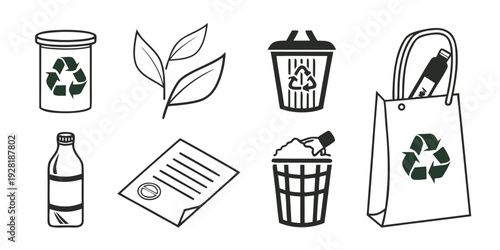 A variety of recyclable materials and containers with recycling symbols Vector