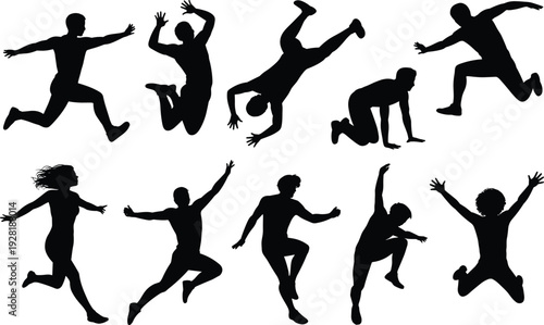 Silhouettes of people performing various dynamic movements and poses on a white background