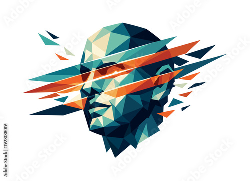 Low-poly vector illustration of an active Face ID beam scanning in escalation, multiple angular beam planes sweeping across the