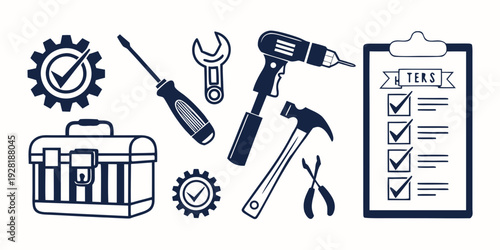 Illustration of various tools and a clipboard with a checklist. Vector