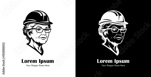 Logo design in the form of an old woman's head wearing glasses wearing a project helmet
