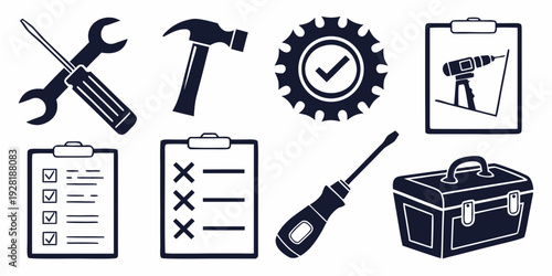 Assorted tools and equipment for various construction and repair tasks Vector