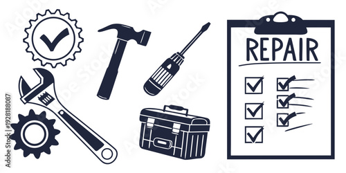 Assorted tools and a checklist for repair and maintenance tasks Vector