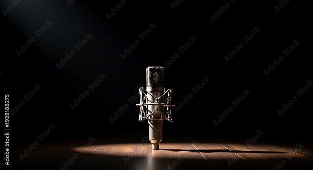 Obraz premium microphone on a wooden stage lit by a spotlight.