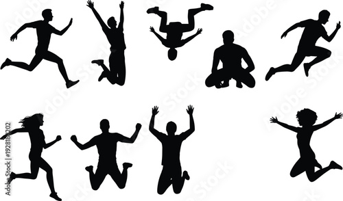 Silhouettes of people running and jumping in various dynamic poses against a white background