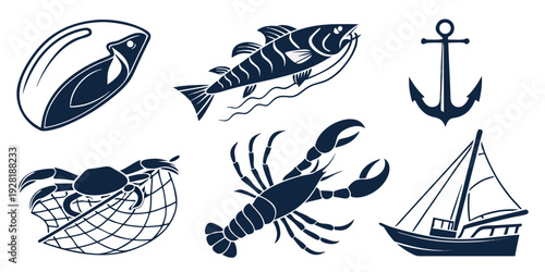 Assorted sea creatures including fish, squid, and an anchor Vector