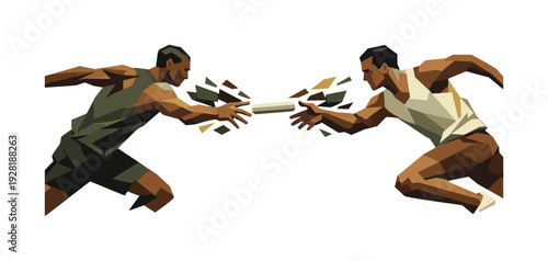 Athletes in motion passing a baton in a relay race, abstract geometric style