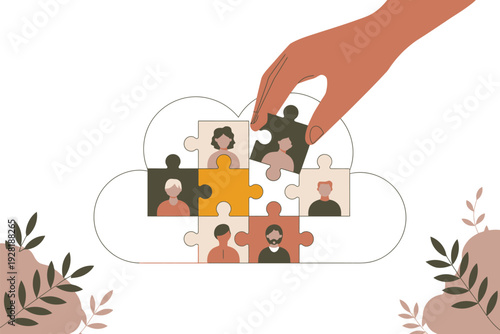 A hand placing a puzzle piece with a person into a cloud shaped puzzle