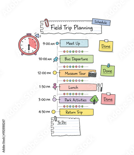 Daily schedule timeline with time blocks, timer and notebook page scraps, sticky notes and progress dots for Field trip planning