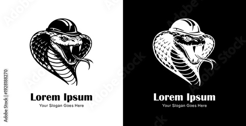 Logo design in the shape of a cobra's head wearing a project helmet